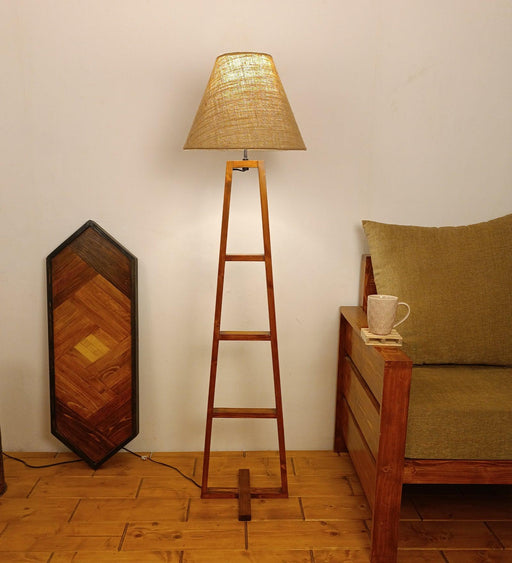 Salita Wooden Floor Lamp with Brown Base and Beige Fabric Lampshade - WoodenTwist