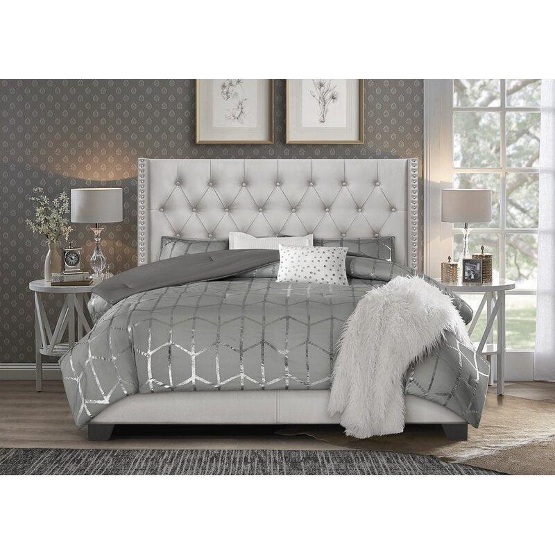 Modern Silver Faux Leatherette Standard Queen Size Bed (Teak Wood) - WoodenTwist