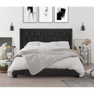 Modern Shiny Black Leatherette Standard Queen Size Bed (Teak Wood) - WoodenTwist