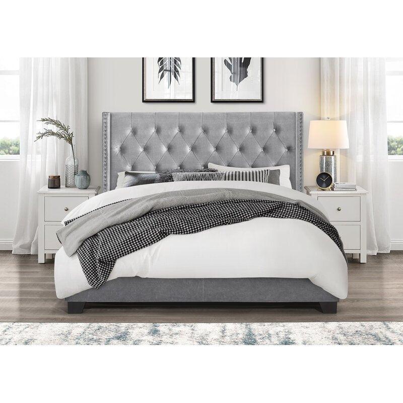 Modern Silver Grey Velvet Standard Queen Size Bed (Teak Wood) - WoodenTwist
