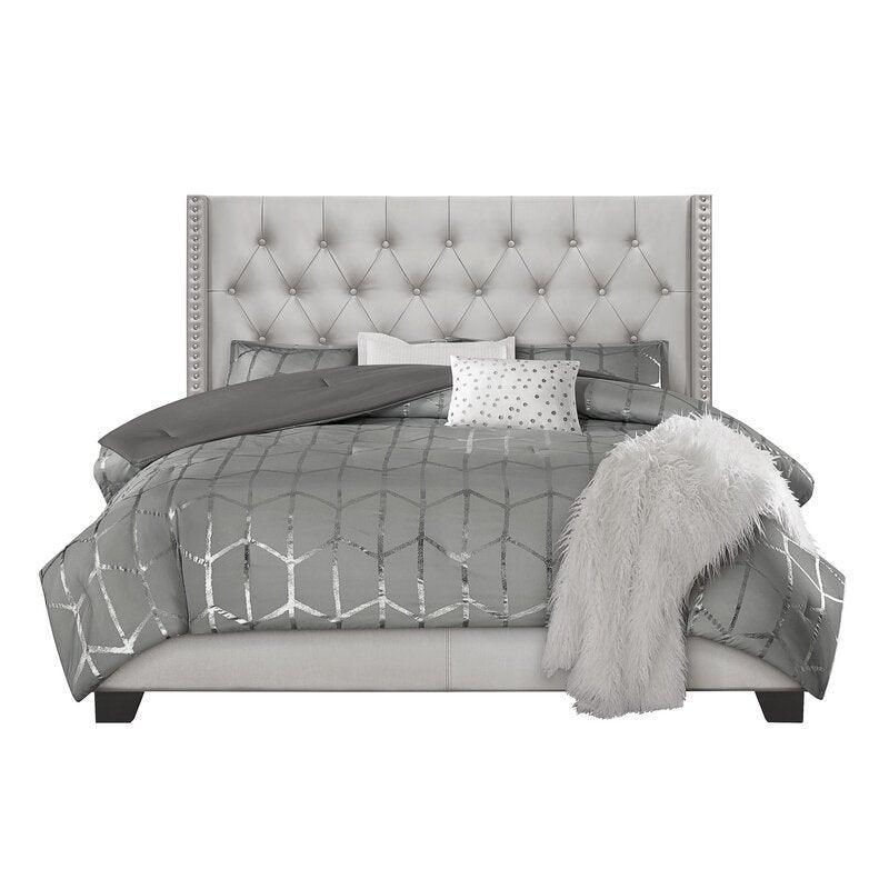 Modern Silver Faux Leatherette Standard Queen Size Bed (Teak Wood) - WoodenTwist