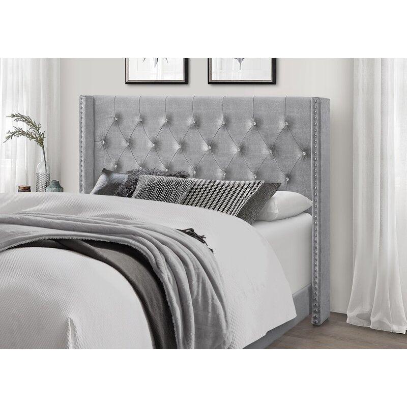 Modern Silver Grey Velvet Standard Queen Size Bed (Teak Wood) - WoodenTwist