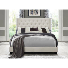 Modern Beige Leatherette Standard Queen Size Bed (Teak Wood) - WoodenTwist