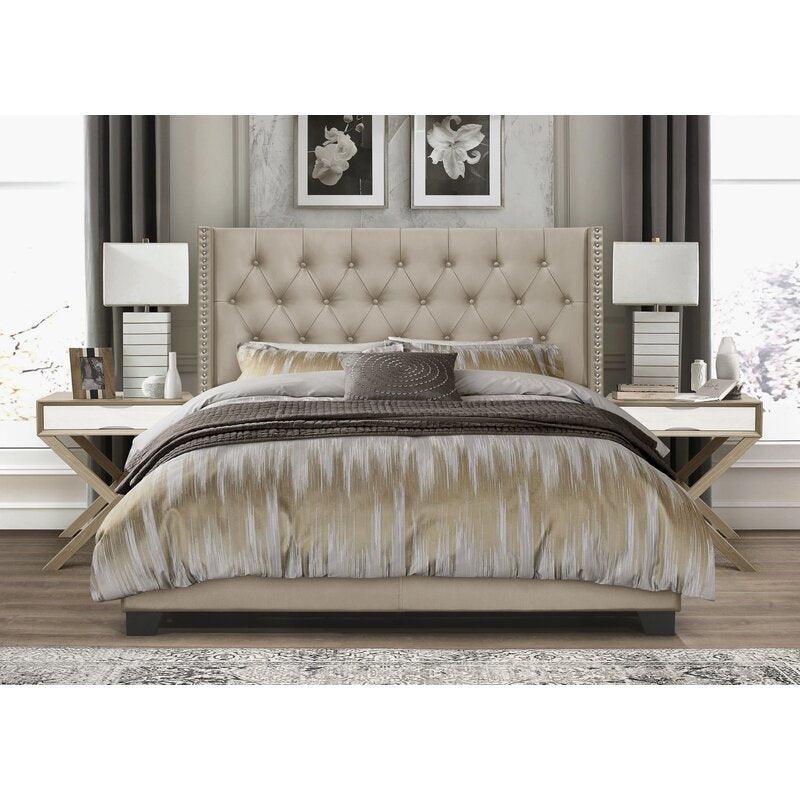Modern Golden Leatherette Standard Queen Size Bed (Teak Wood) - WoodenTwist