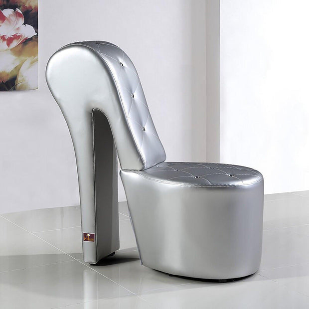 Wooden Wide Tufted Lounge Heel Chair (Silver Leatherette) - WoodenTwist