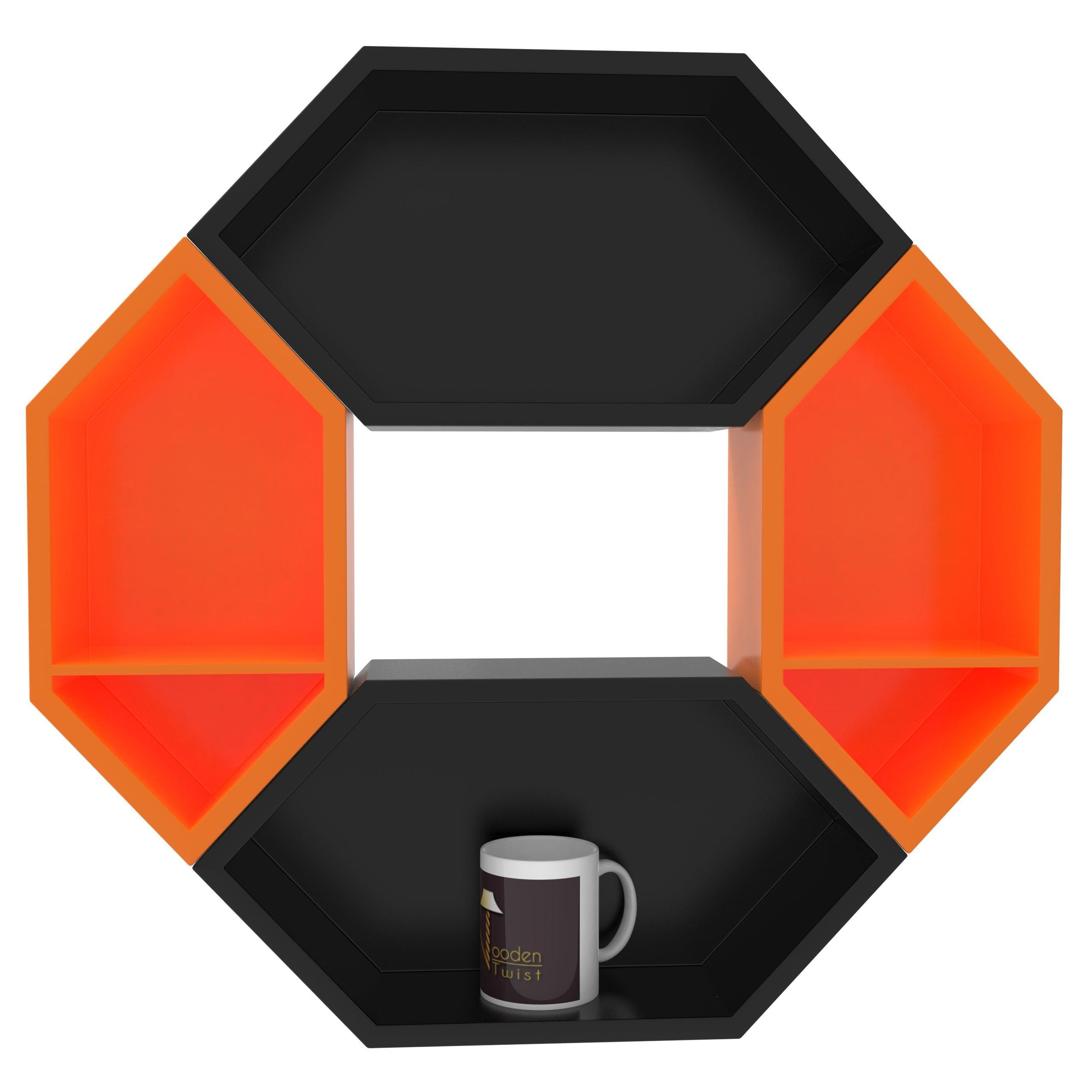 Wooden Pared Hexagon Floating Wall Shelf with 4 Shelves - WoodenTwist