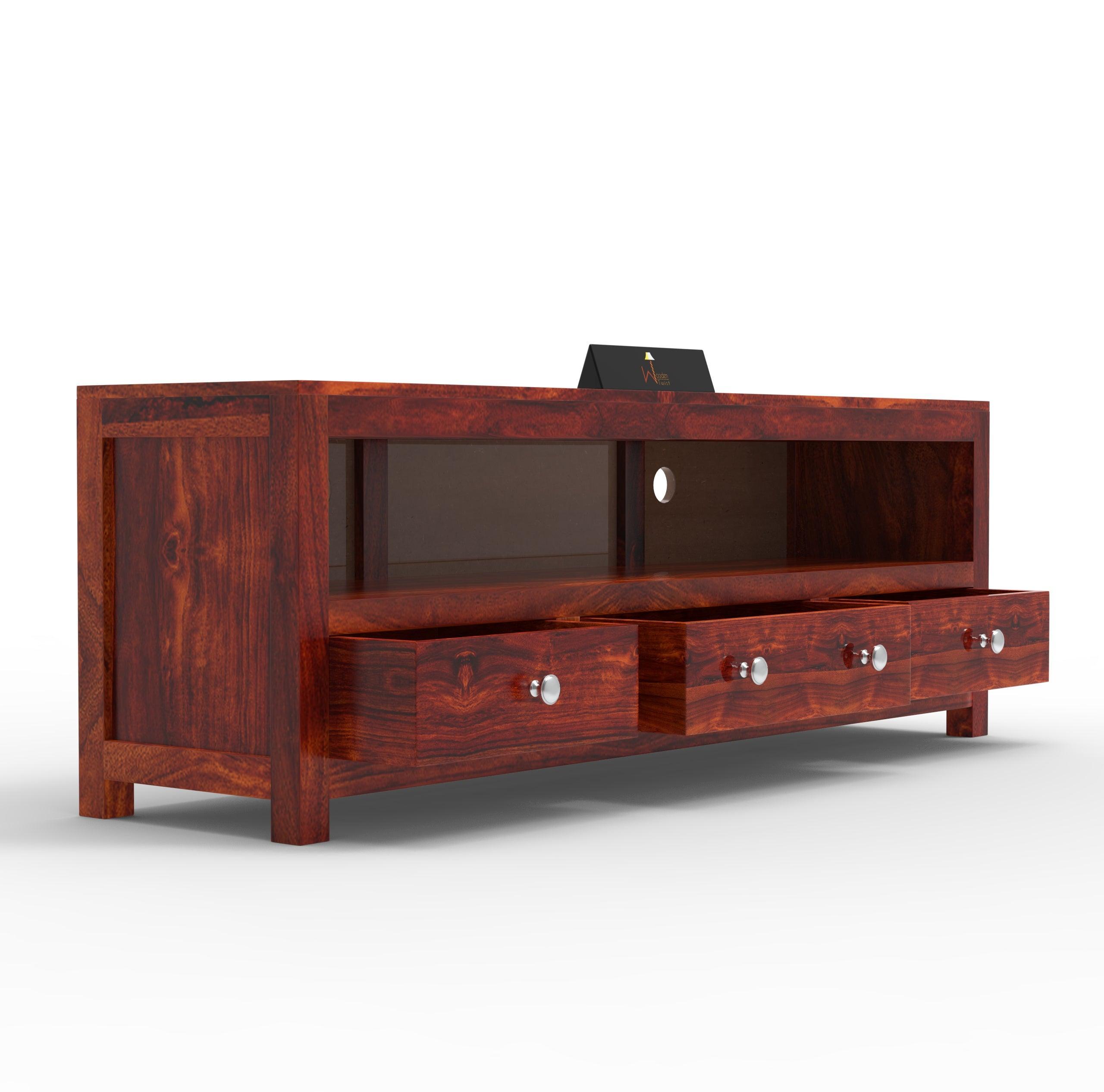 Handmade Amazing Wooden TV Cabinet With 3 Drawers And 1 Open Shelf (Teak Wood) - WoodenTwist