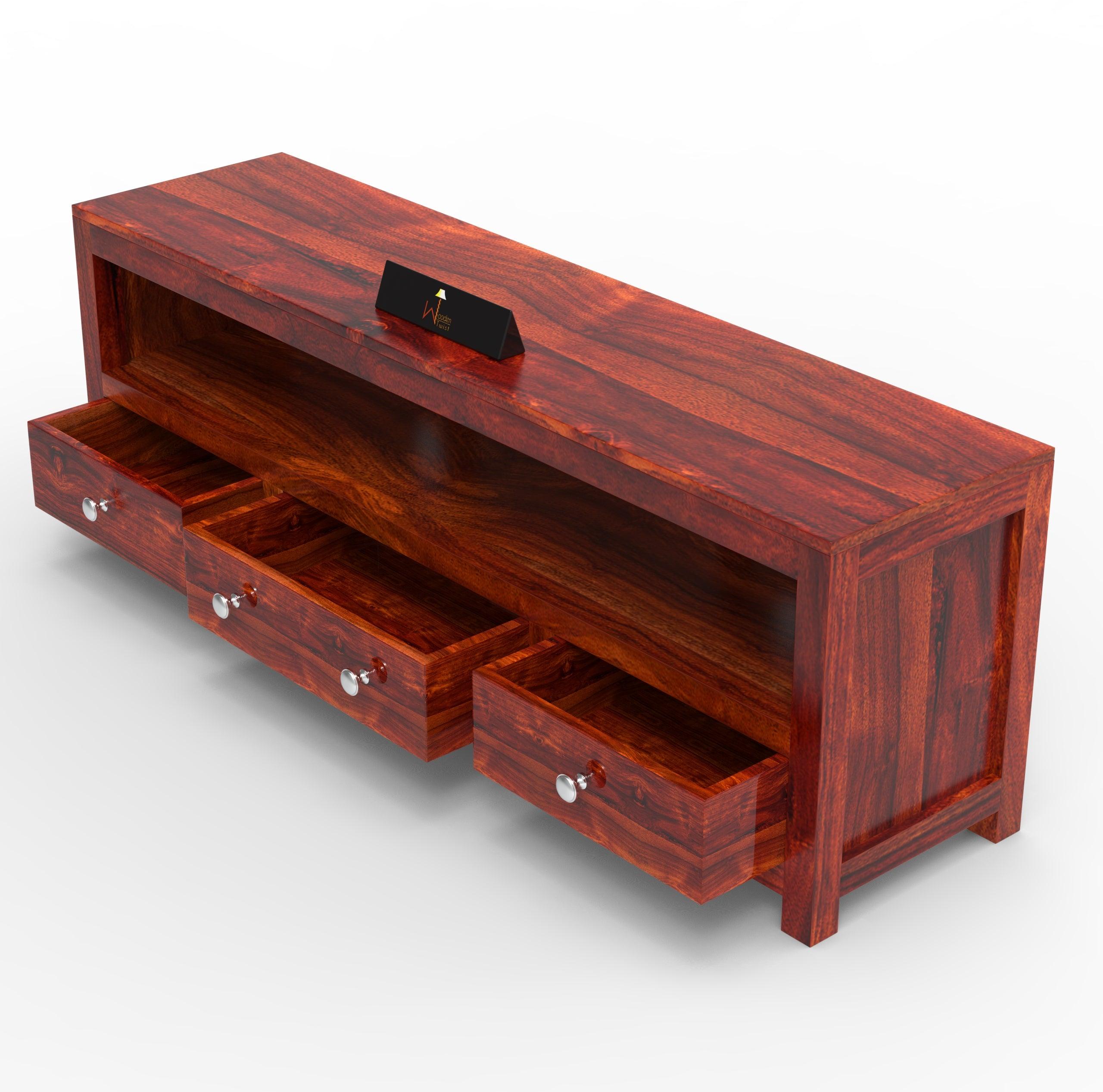 Handmade Amazing Wooden TV Cabinet With 3 Drawers And 1 Open Shelf (Teak Wood) - WoodenTwist