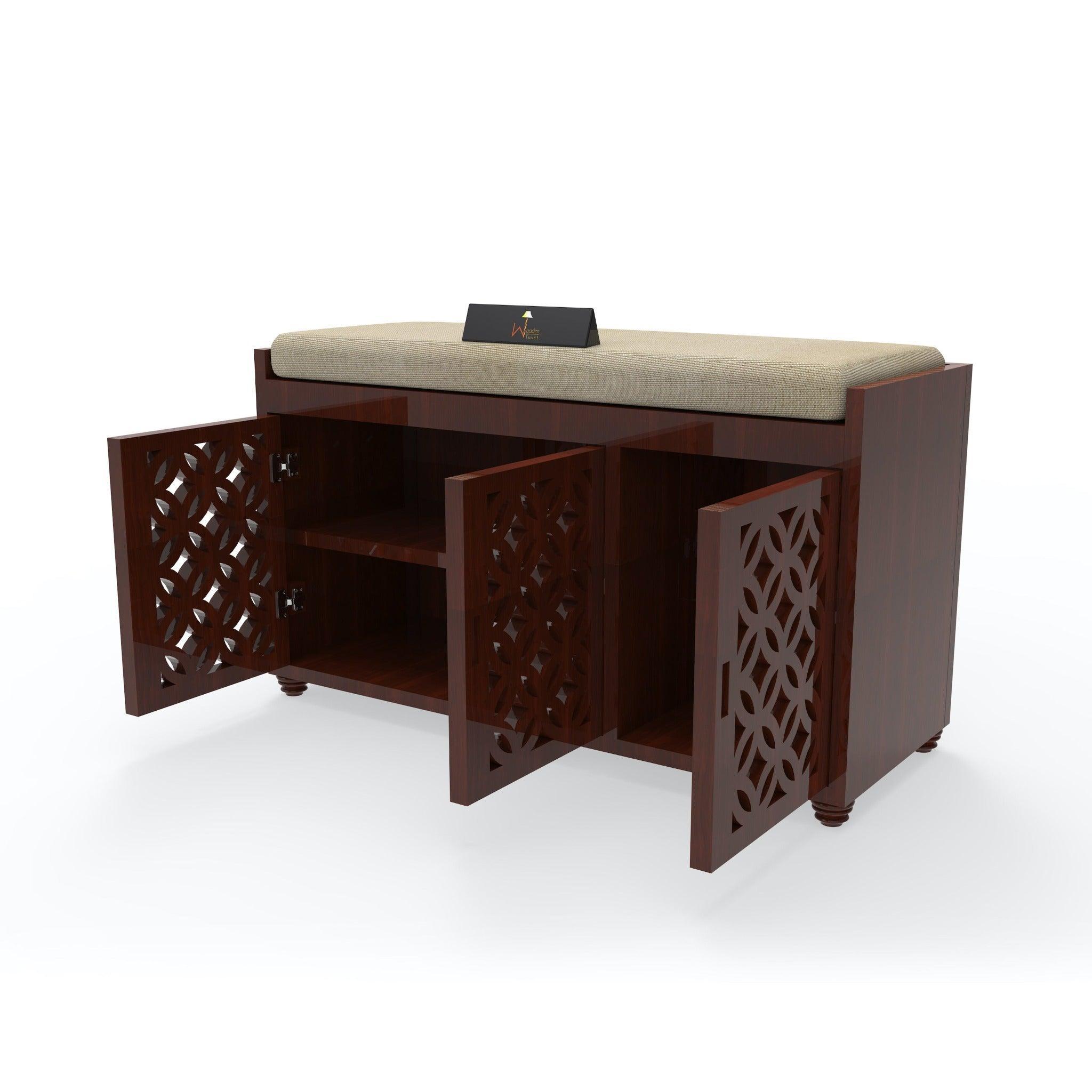 Natural Teak Wood 3 Door Shoe Rack Cabinet with Seat - WoodenTwist
