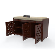 Natural Teak Wood 3 Door Shoe Rack Cabinet with Seat - WoodenTwist