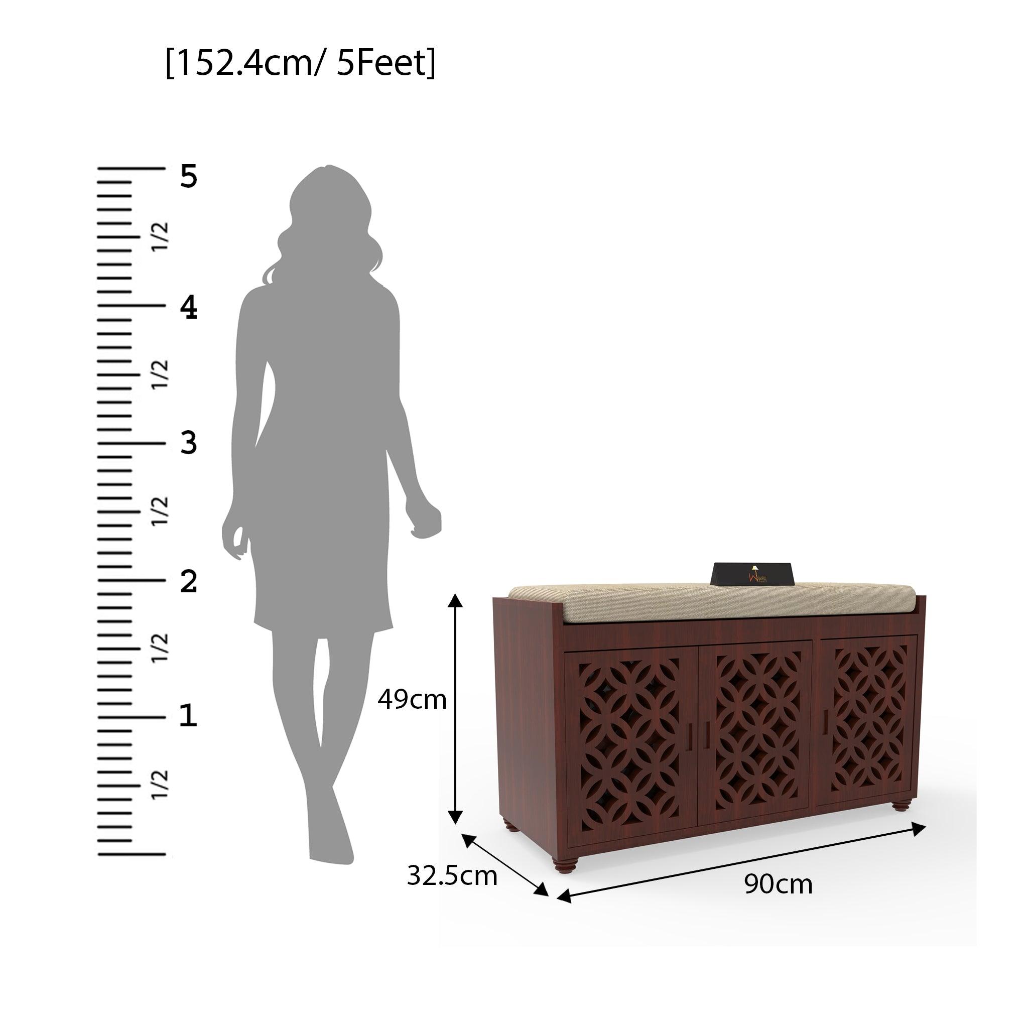 Natural Teak Wood 3 Door Shoe Rack Cabinet with Seat - WoodenTwist