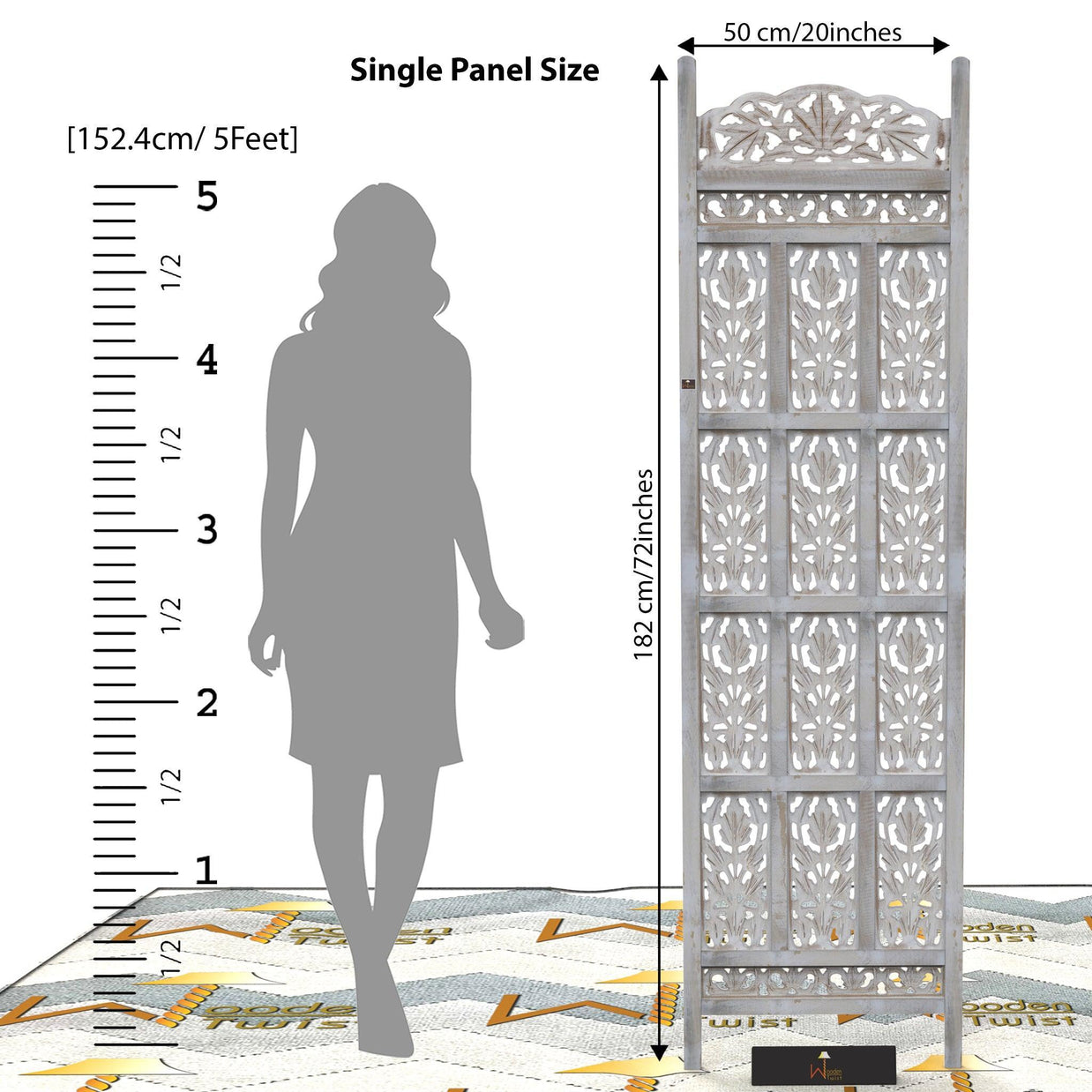 Carved Wood Room Divider Screen Antique White Wash Rustic Finish - WoodenTwist