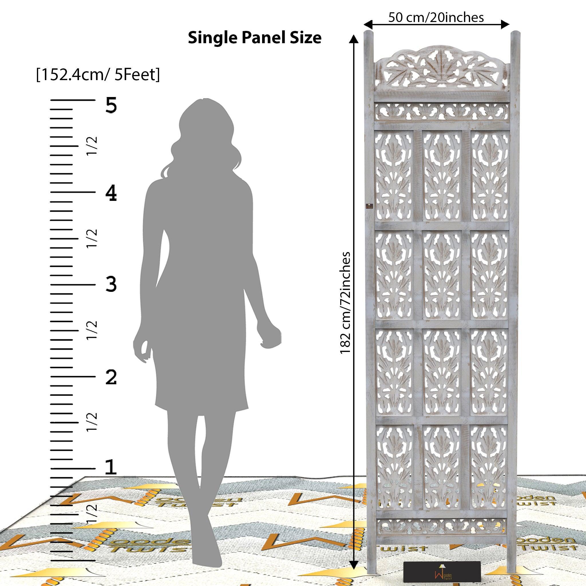 Carved Wood Room Divider Screen Antique White Wash Rustic Finish - WoodenTwist