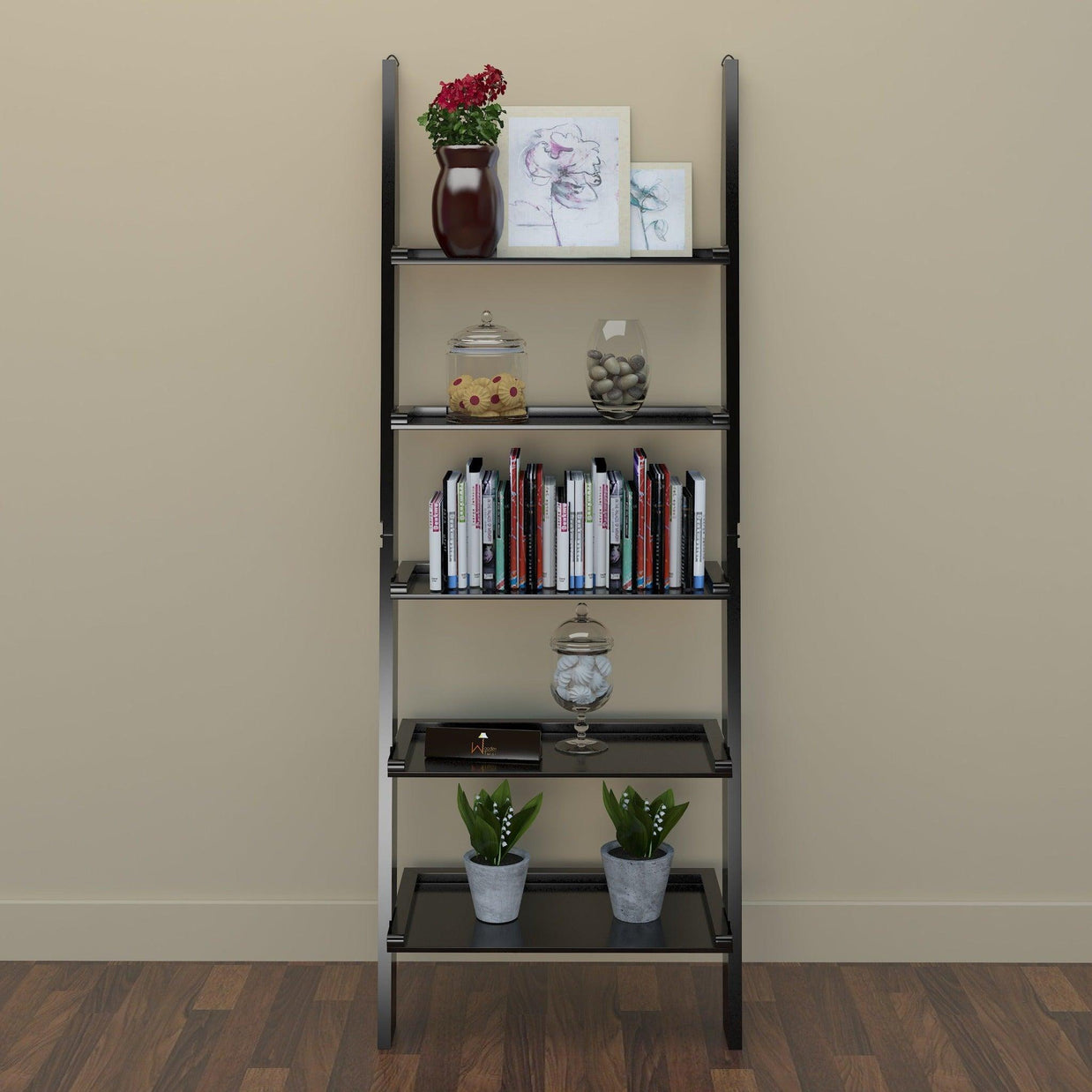 Leaning ladder bookshelf in engineered wood with 5 shelves