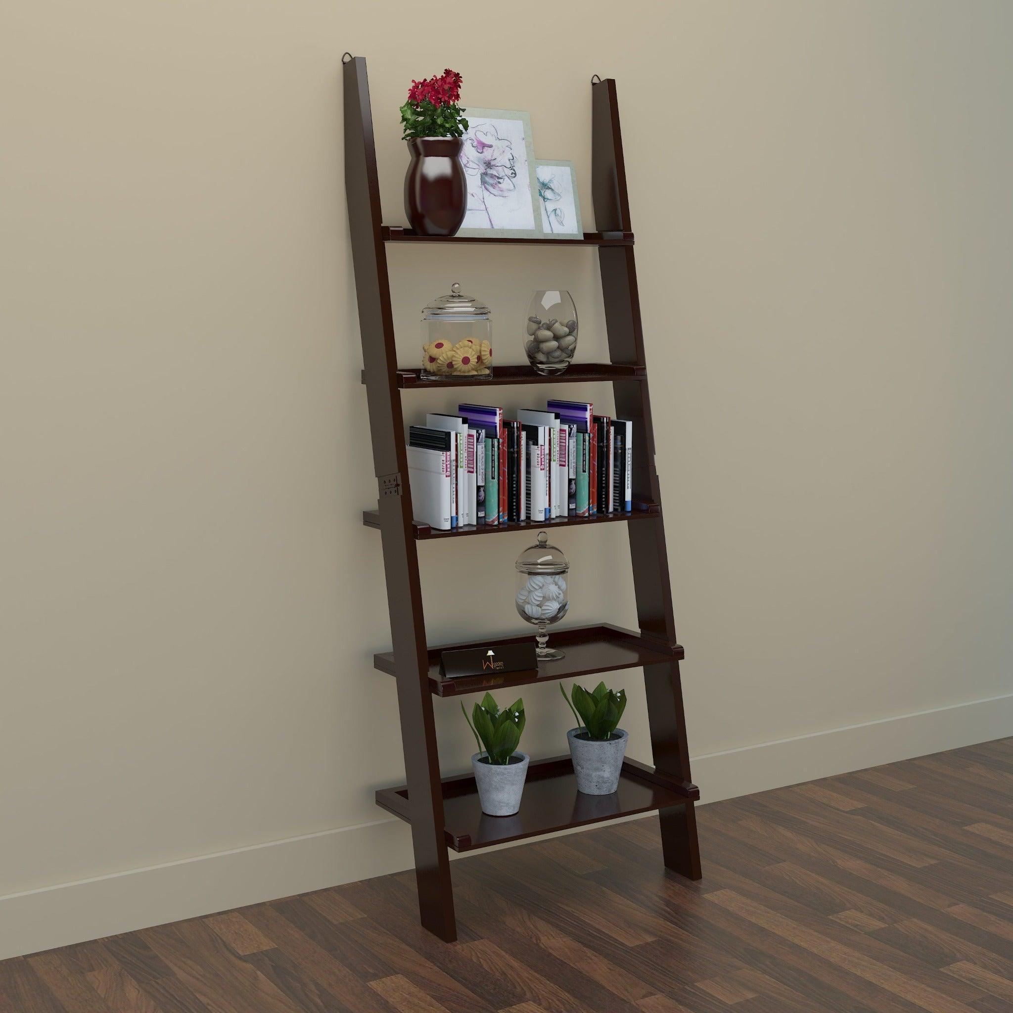 Leaning Bookcase Ladder and Room Organizer Engineered Wood Wall Shelf in brown finish