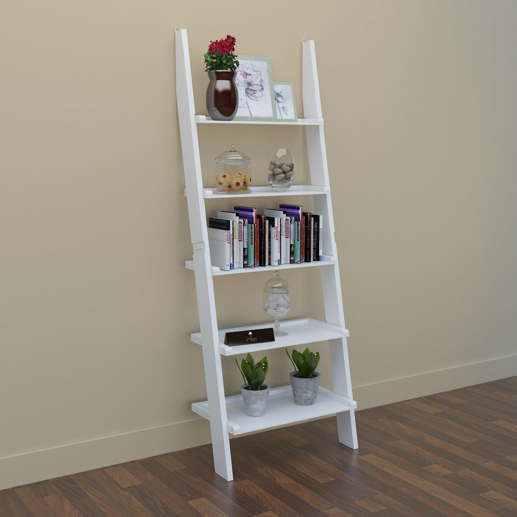 Leaning Bookcase Ladder and Room Organizer Engineered Wood Wall Shelf in white, front view