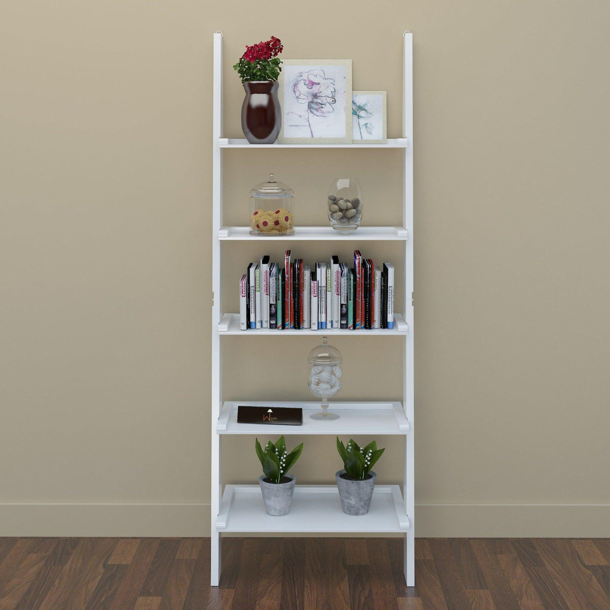 Leaning Bookcase Ladder and Room Organizer Engineered Wood Wall Shelf in white finish