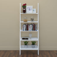 Leaning Bookcase Ladder and Room Organizer Engineered Wood Wall Shelf in white finish