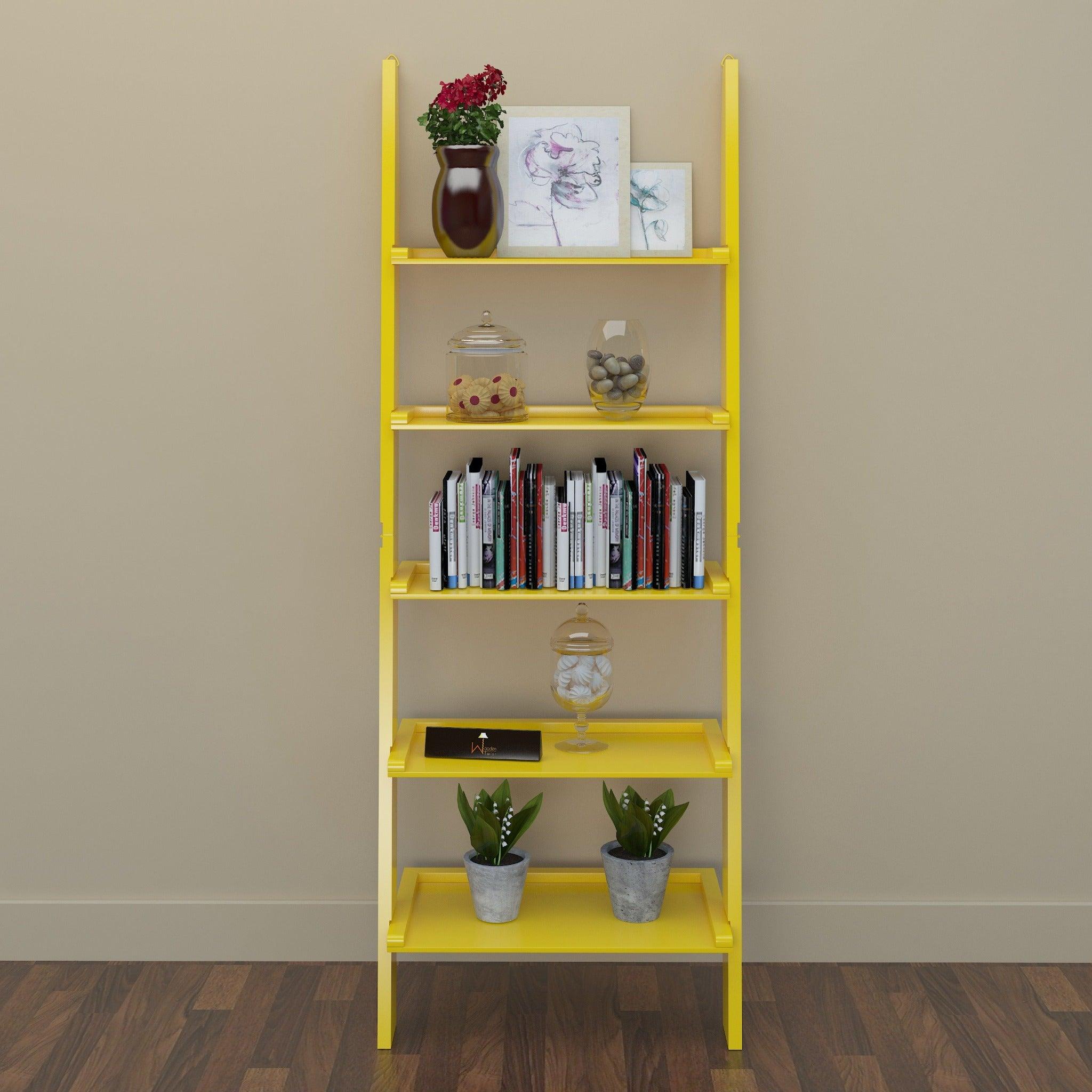 Leaning Bookcase Ladder and Room Organizer Engineered Wood Wall Shelf - WoodenTwist