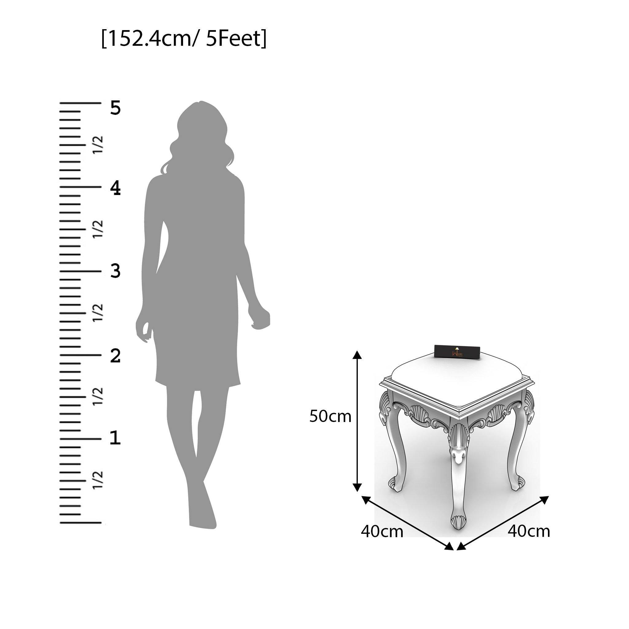 Graceful Hand Carved Teak Wood Stool in Premium Fabric - WoodenTwist