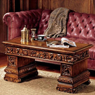 Trestle Handmade Carving Mahogany Finish Coffee Table - WoodenTwist