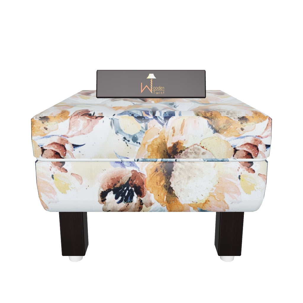 Reposa Floral Print Wooden Cushioned Footrest Stool (Walnut Legs) - Orange & Blue Floral