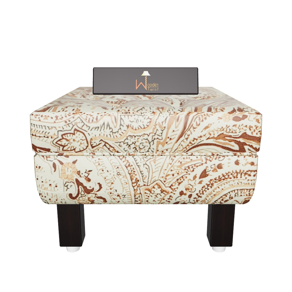 Reposa Floral Print Wooden Cushioned Footrest Stool (Walnut Legs) - Beige & Brown Floral