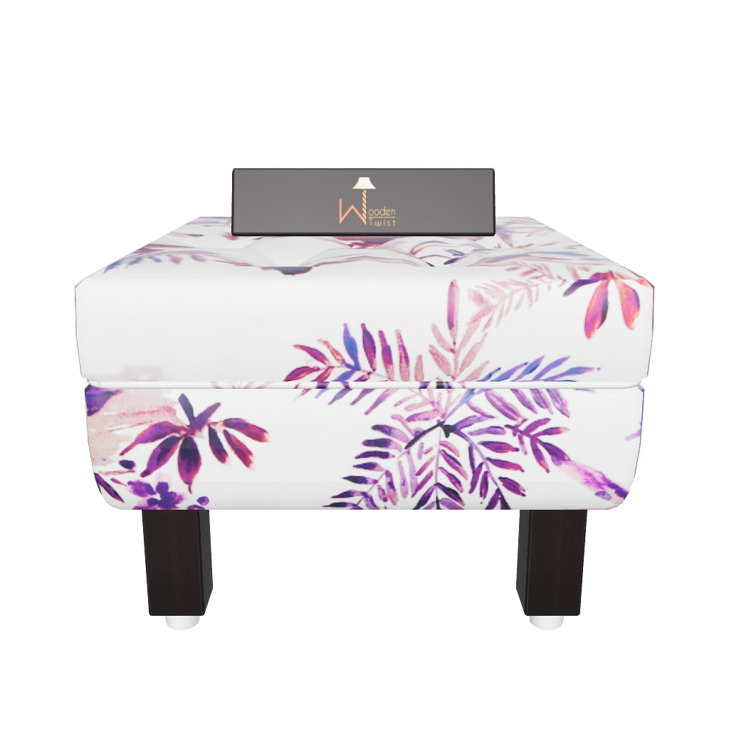 Reposa Floral Print Wooden Cushioned Footrest Stool (Walnut Legs) - Purple & Pink Floral