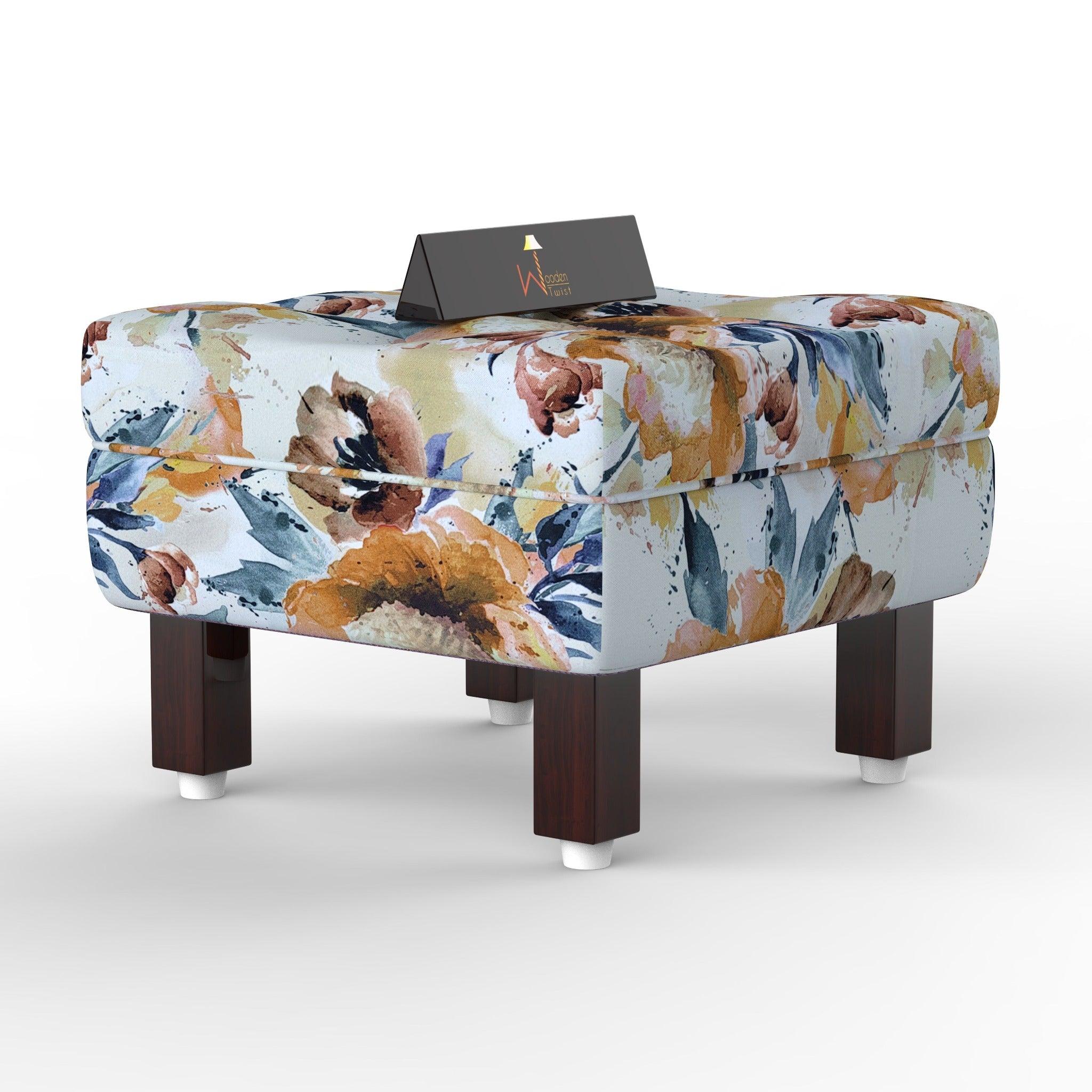 Reposa Floral Print Wooden Cushioned Footrest Stool (Walnut Legs) - WoodenTwist