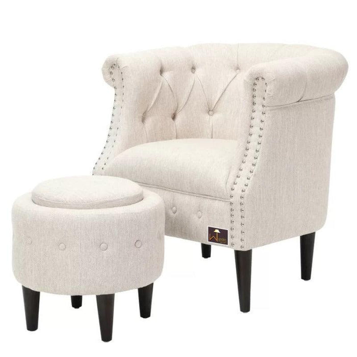 Wide Tufted Chesterfield Arm Chair with Ottoman Footrest (Walnut Legs) - WoodenTwist