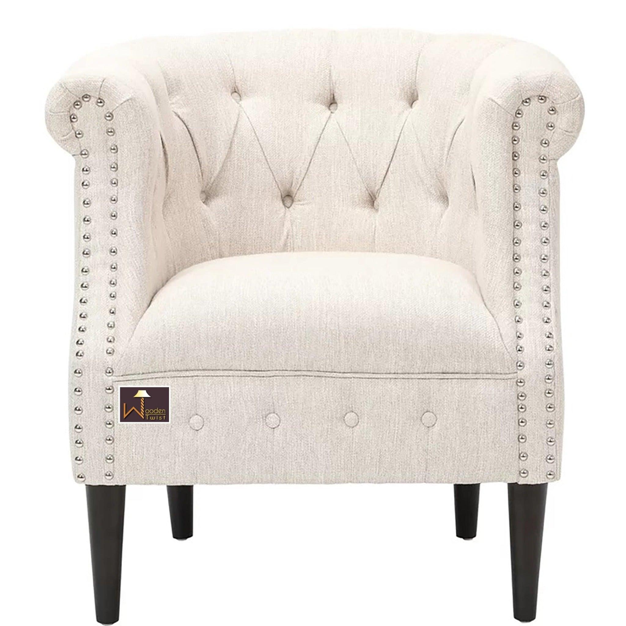 Wide Tufted Chesterfield Arm Chair with Ottoman Footrest (Walnut Legs) - WoodenTwist