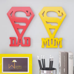 Wooden Handmade Decorative Wall Sticker DAD & MOM Design (Red & Yellow) - WoodenTwist