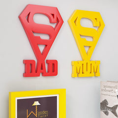 Wooden Handmade Decorative Wall Sticker DAD & MOM Design (Red & Yellow) - WoodenTwist