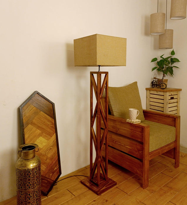 Symmetric Wooden Floor Lamp with Brown Base and Beige Fabric Lampshade - WoodenTwist