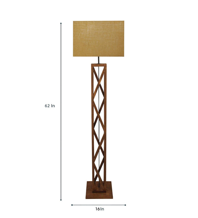 Symmetric Wooden Floor Lamp with Brown Base and Beige Fabric Lampshade - WoodenTwist