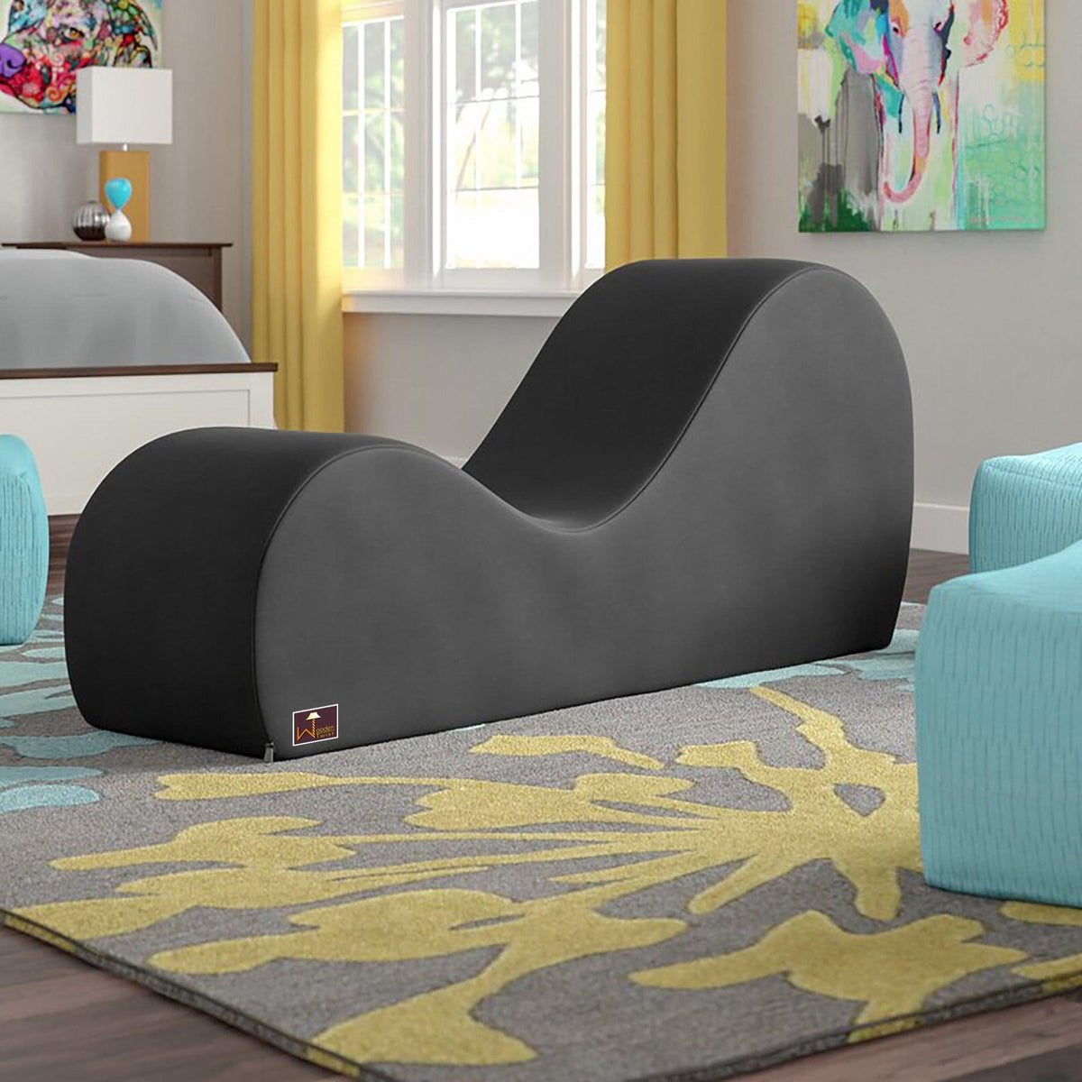 Wooden Armless Modern Chaise Lounge (Black Polyester) - WoodenTwist