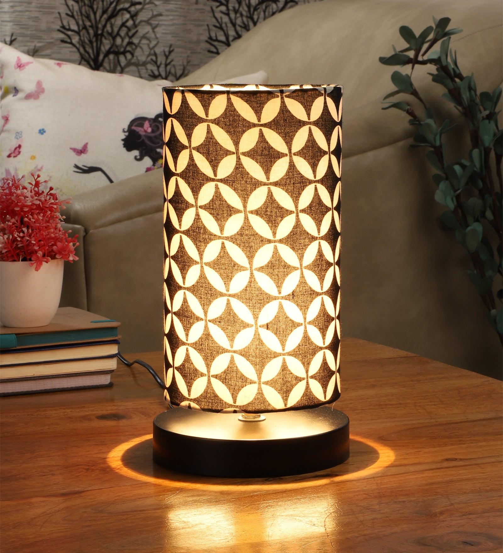 Geometric Black & White Print Shade Table Lamp With Metal Base Bed Switch Included And Bulb Not Included - WoodenTwist