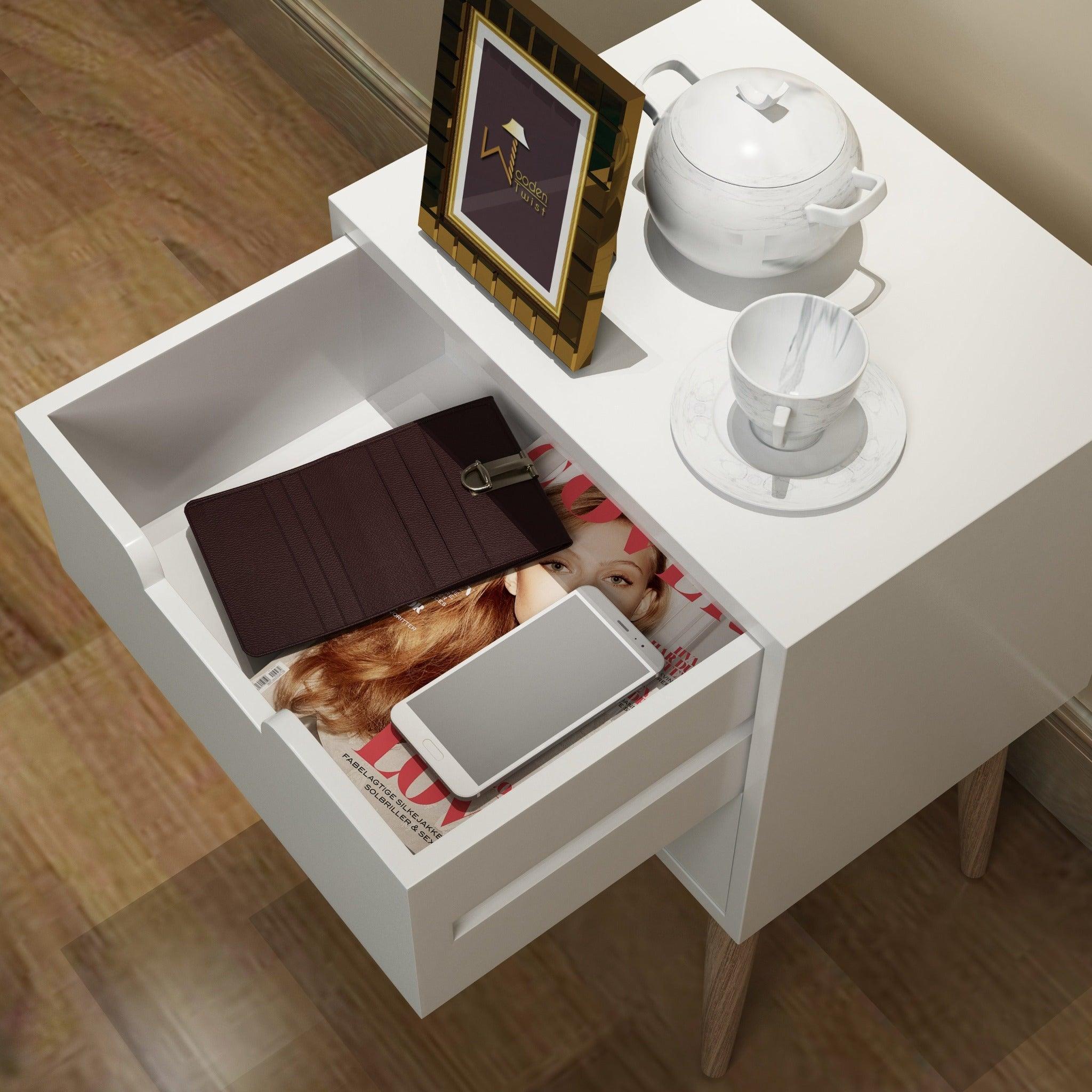 Amazing Bedside Table with Two Drawers (White) - WoodenTwist