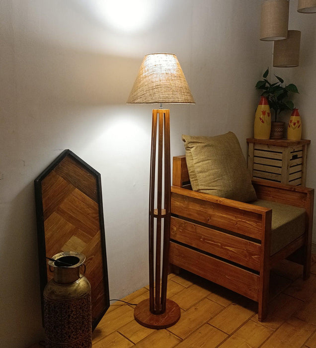 Tall Boy Wooden Floor Lamp With Yellow Printed Fabric Lampshade - WoodenTwist