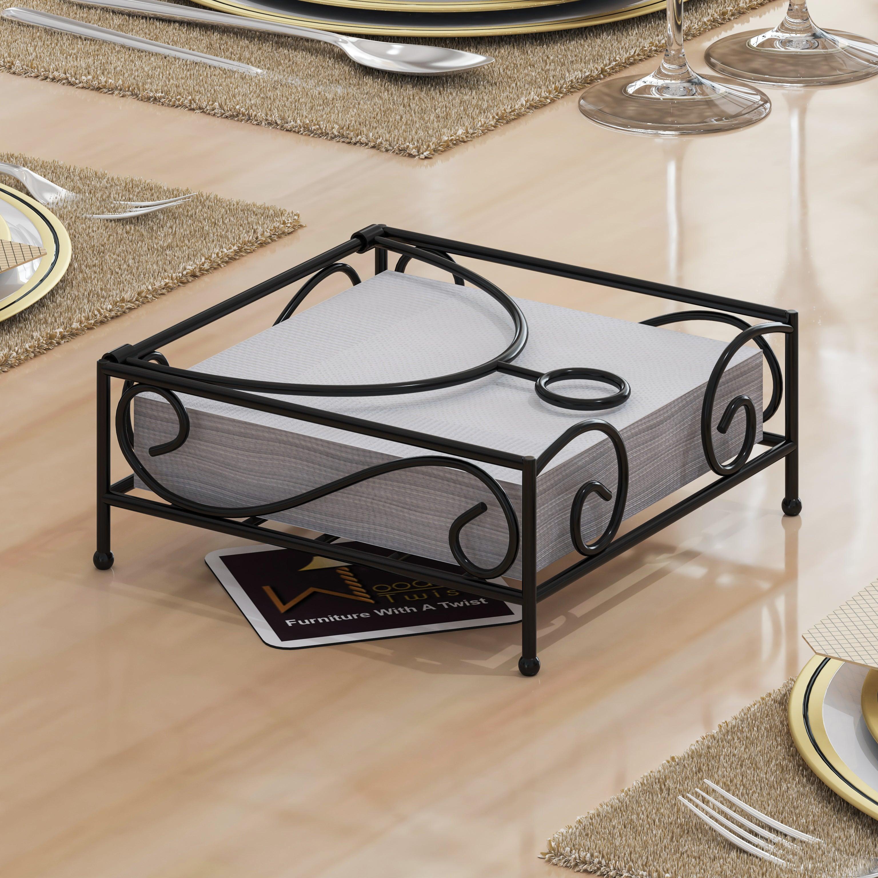 Modern Decorative Paper Napkin Holder for Kitchen - Black Wrought Iron, Front View