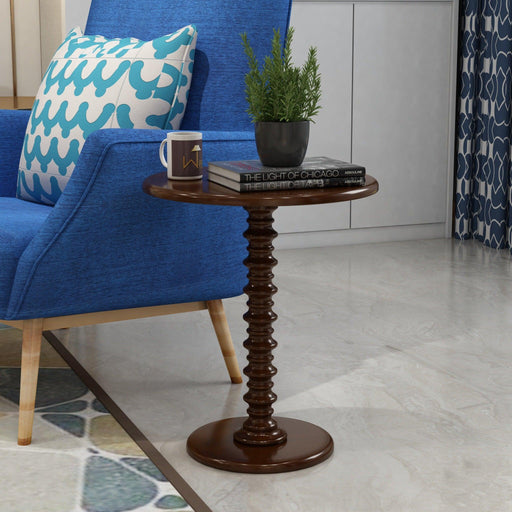 Round Wooden Spindle Side Table for Living Room with Pedestal End Table (Walnut Finish) - WoodenTwist