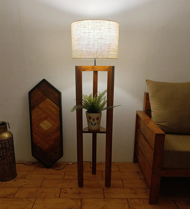 Triad Wooden Floor Lamp with Brown Base and Beige Fabric Lampshade - WoodenTwist