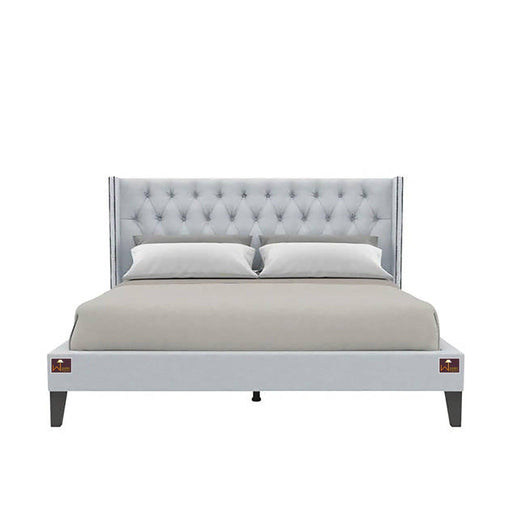 Upholstered Panel Bed Frame with Diamond Tufted and Nailhead Trim Wingback Headboard - WoodenTwist