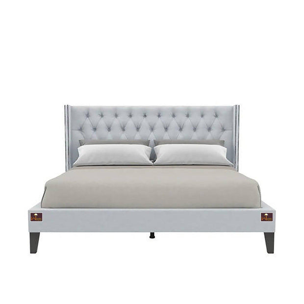 Upholstered Panel Bed Frame with Diamond Tufted and Nailhead Trim Wingback Headboard - WoodenTwist