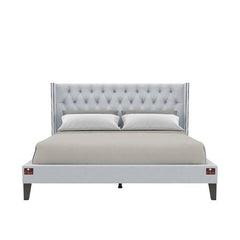 Upholstered Panel Bed Frame with Diamond Tufted and Nailhead Trim Wingback Headboard - WoodenTwist