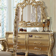Royal Gold Luxury Hand Carved Wooden Teak Wood Dressing Table with Mirror And 6 Drawers - WoodenTwist