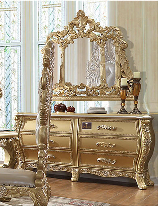 Royal Gold Luxury Hand Carved Wooden Teak Wood Dressing Table with Mirror And 6 Drawers - WoodenTwist