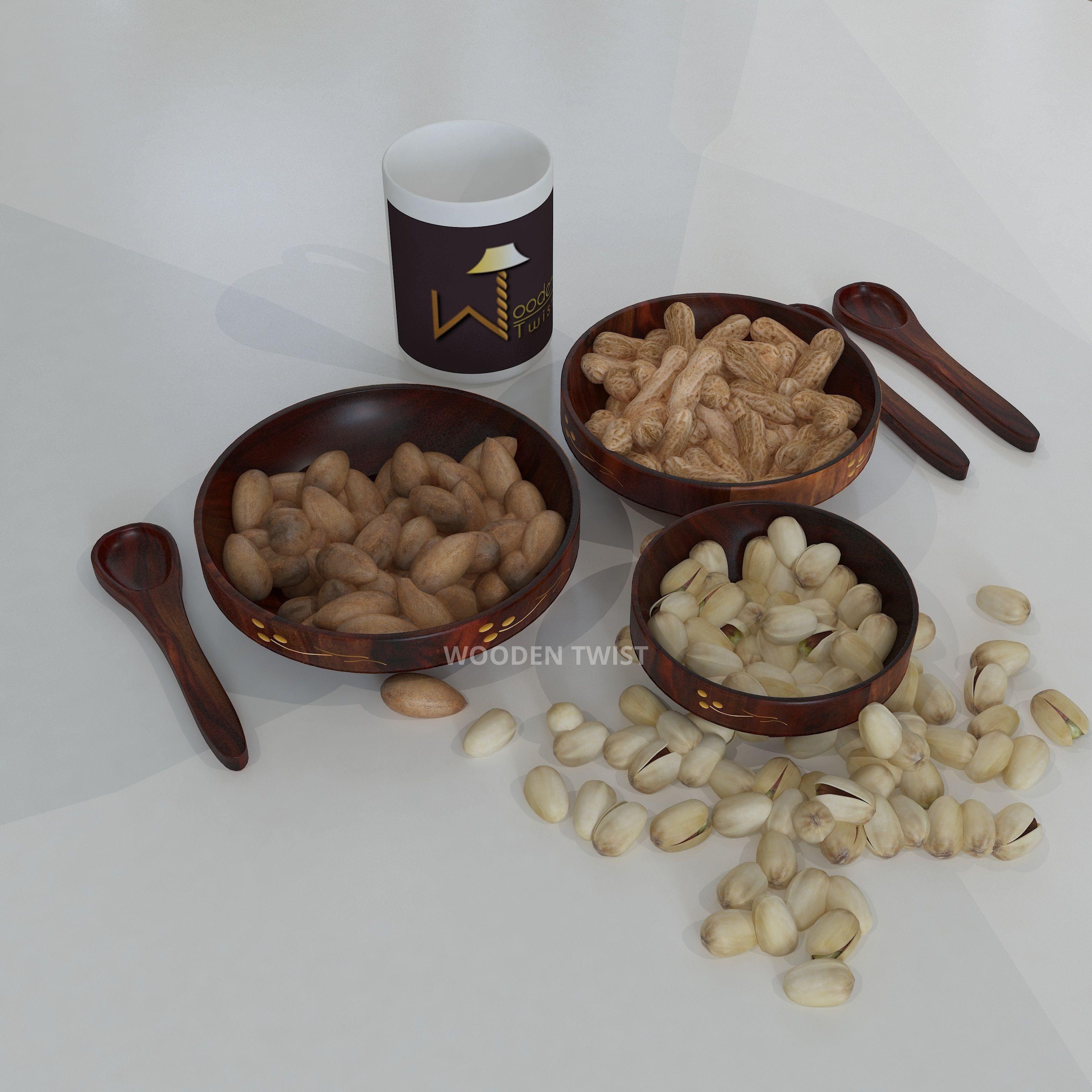 Sheesham wood bowl set three sizes with brass carving detail