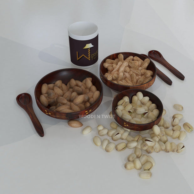 Sheesham wood bowl set three sizes with brass carving detail