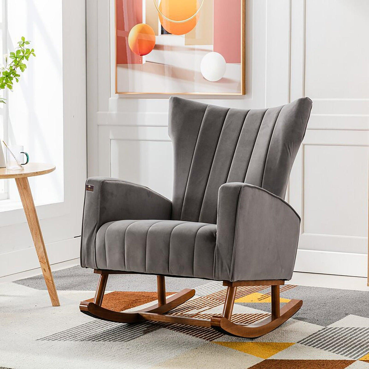 Wooden Velvet Accent Rocking Chair in Grey
